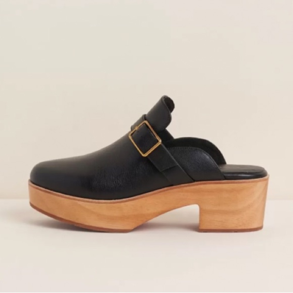 Charlotte Stone Black Leather Clog Mules with Wood Platform